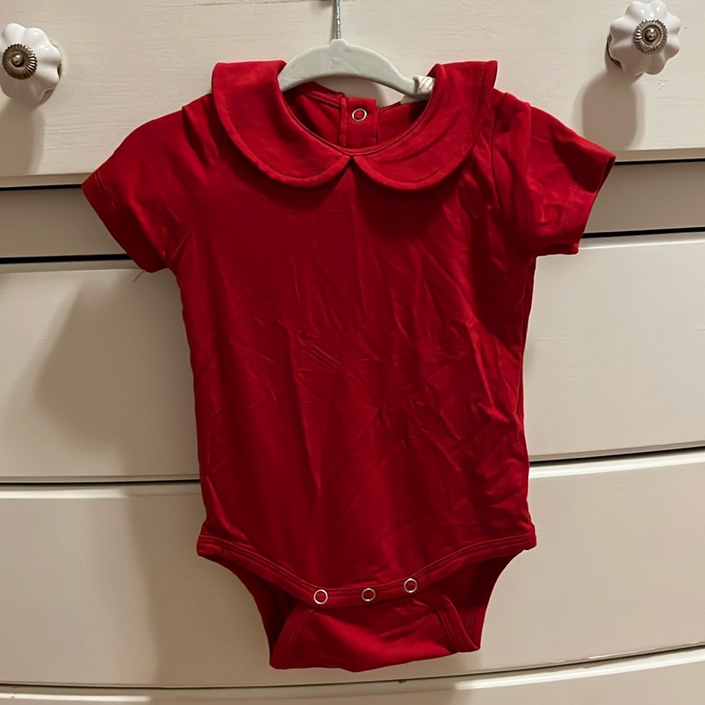 Kate Quinn red bamboo Peter Pan collar onesie